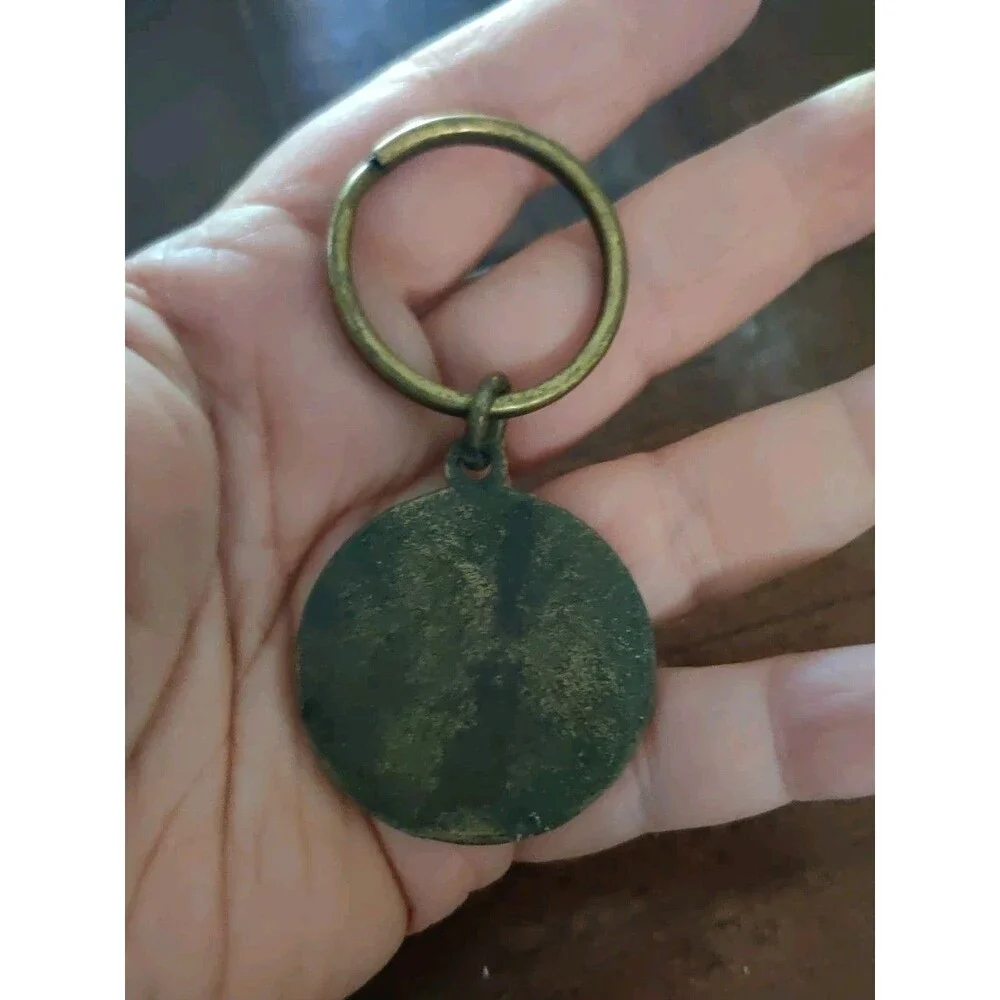 Vintage Brass Eagle Round Metal Keychain W/ Patina